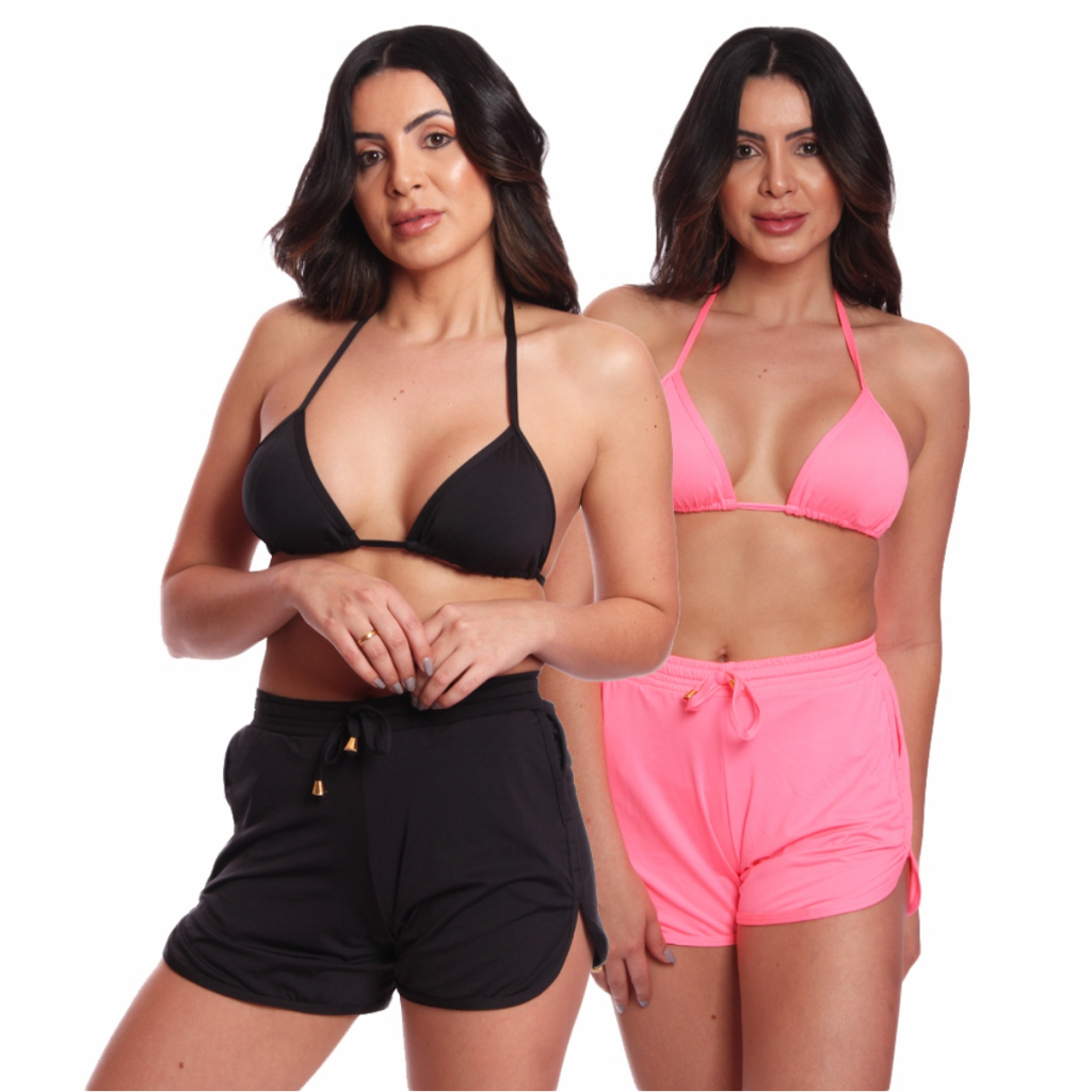 KIT 2 Kit Top Cortininha E Shorts Moda Praia Verão 3 Peças Kit Moda Praia 3 Peças Top Cortininha