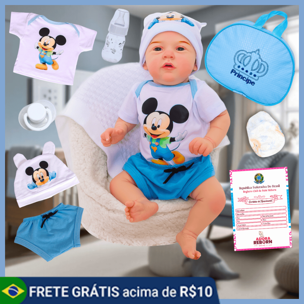 Boneco Bebê Reborn Menino Mickey Original Realista Corpo De Silicone Pode Dar Banho - Mom & Baby