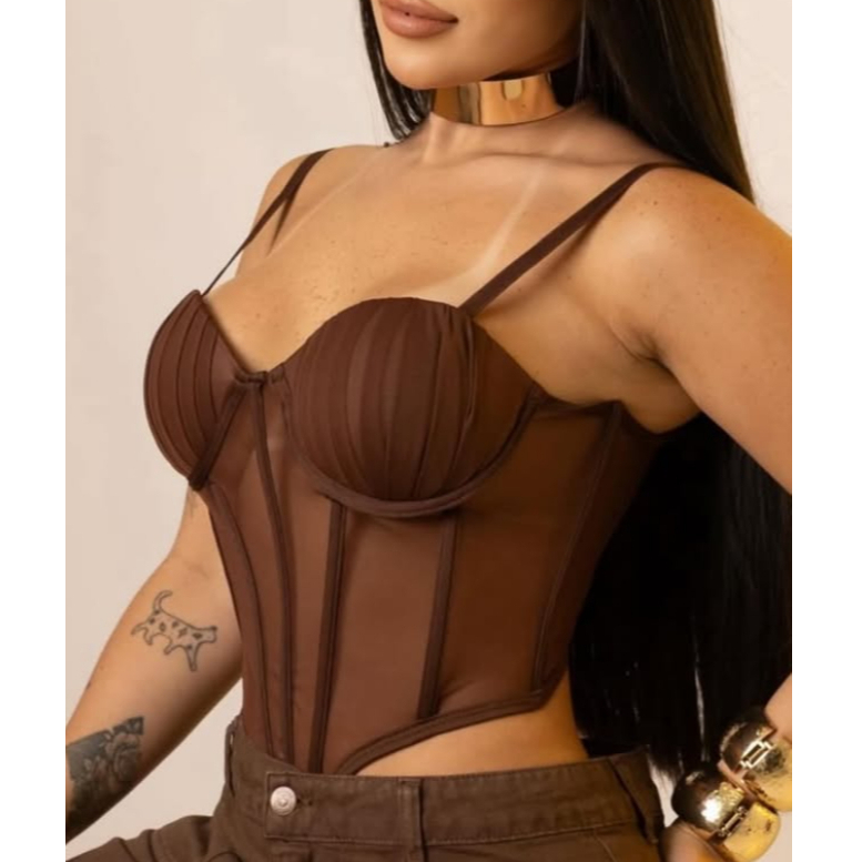 Corset Feminino Tule Sexy  Top Ajustável com Barbatanas Estilo Gringa