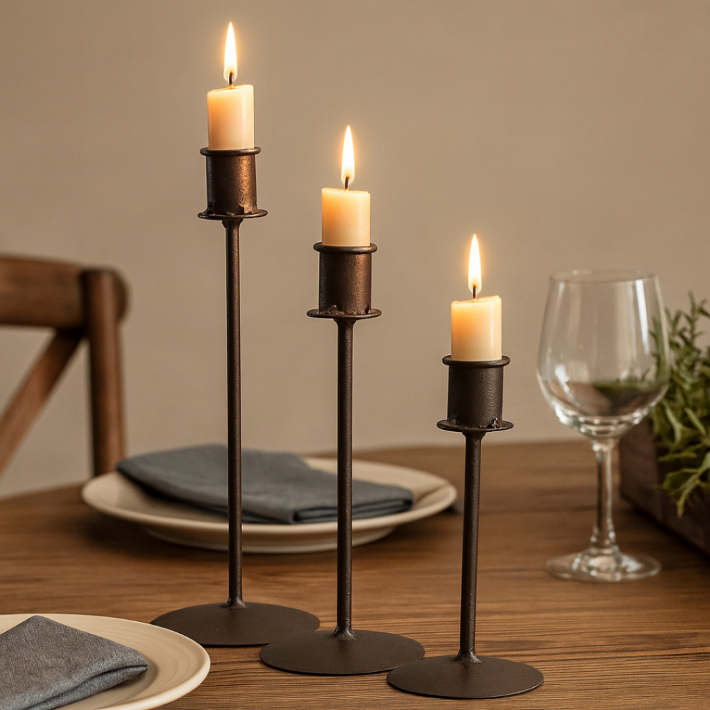 Trio Castiçal Ferro Marrom Decoração Sala Mesa Jantar Design Minimalista Elegante Vintage Farmhouse