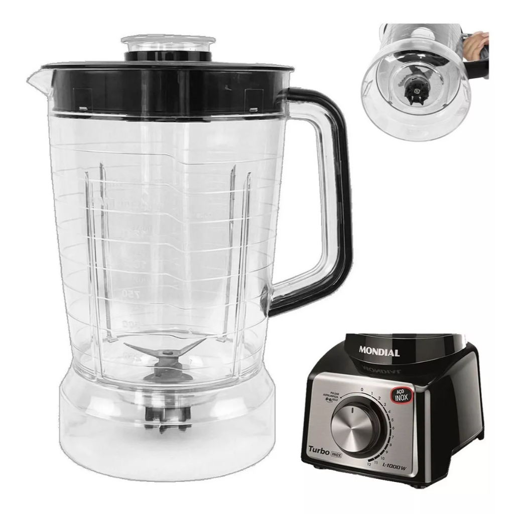 Copo Liquidificador Mondial Turbo Inox L1000 L1200 1.5L Acrílico Reposição Preto