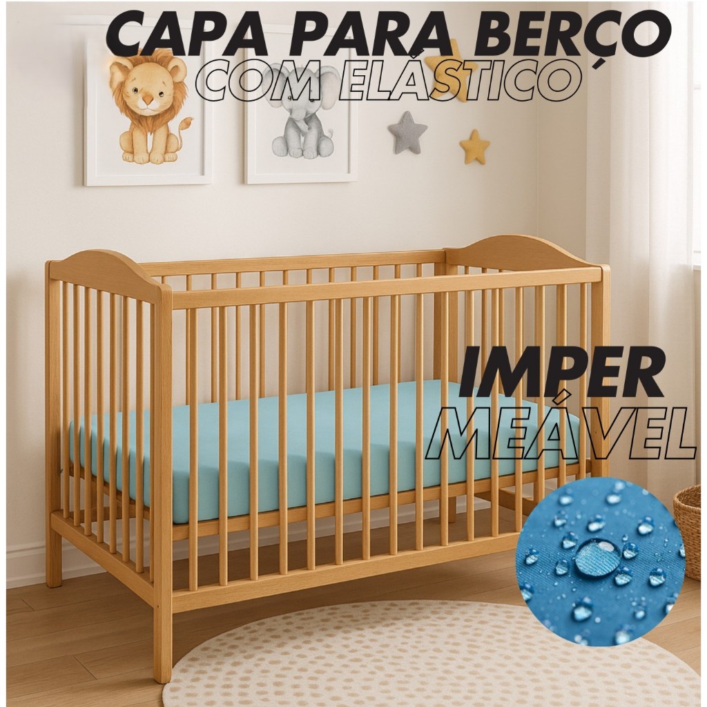 Capa de Colchão para Berço Impermeável com Elástico | Anti Ácaro e Xixi | Branco e Azul