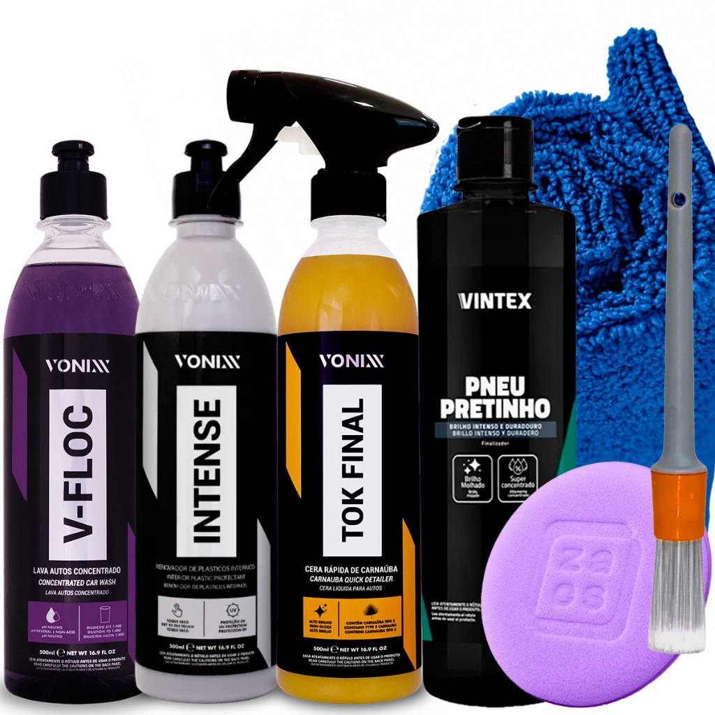 Kit Lavagem Automotiva Shampoo V-FLOC Renovador de plásticos Intense Cera Carnauba Tok final Pneu pretinho Vonixx Vintex