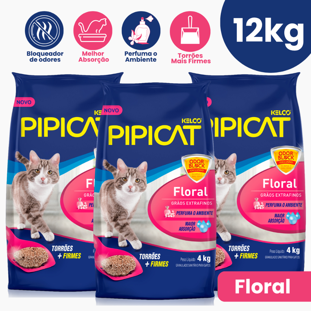 Kit 3 Pipicat Floral Areia Sanitária Kelco - 4Kg