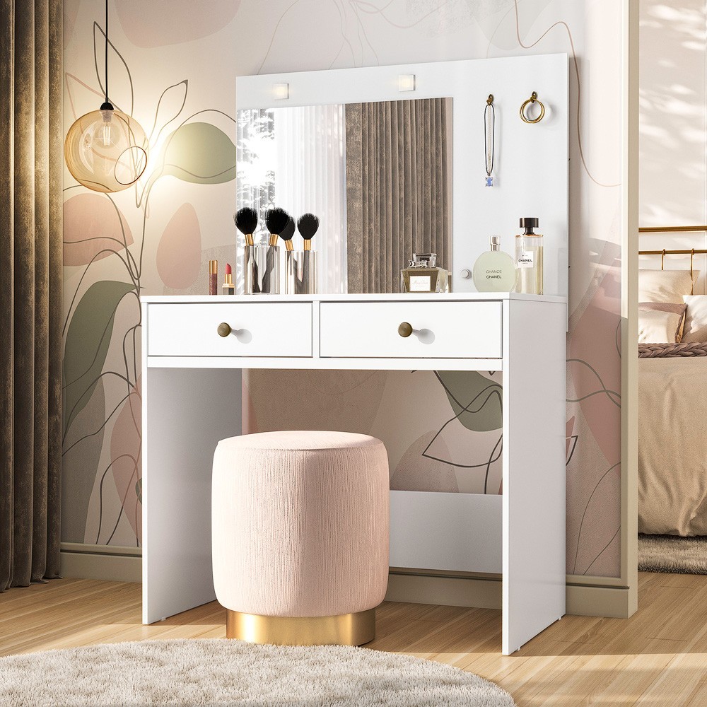 Cômoda Penteadeira Camarim Ideal Compacta Com 2 Gavetas Iluminação LED E Espelho
