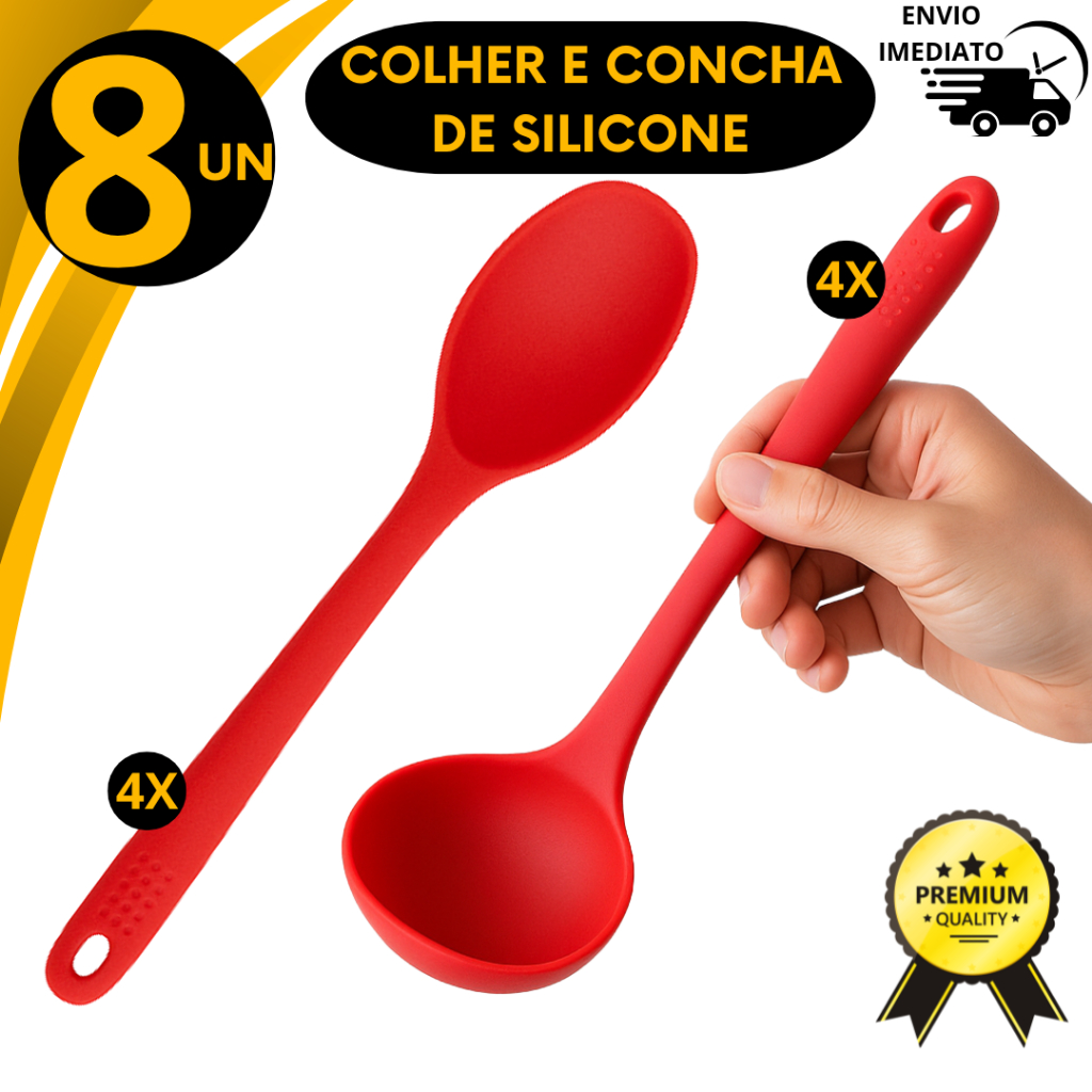 Kit Concha Silicone e Colher Silicone Antiaderente Resistente Calor Utensílios de Cozinha Silicone