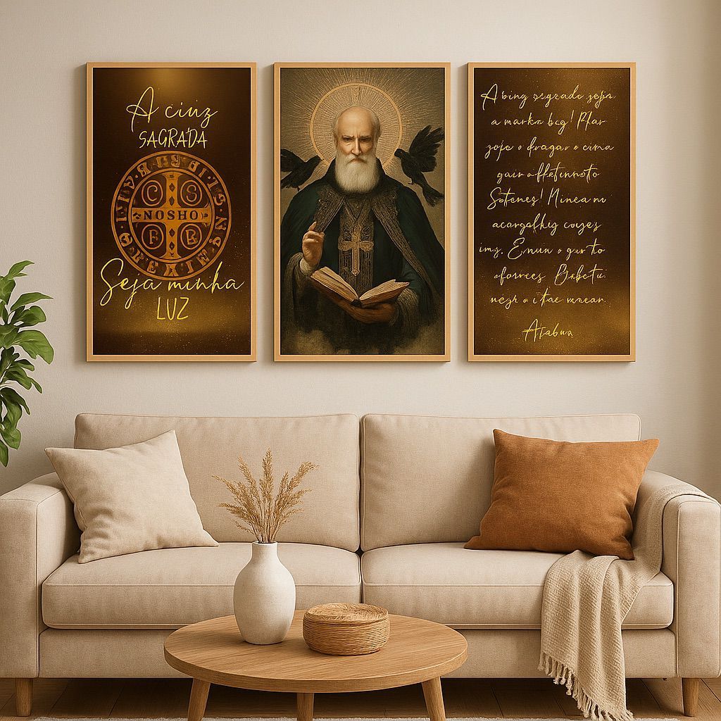 Quadro Decorativo São Bento Religioso Católico 3 Peças MDF Para Sala Quarto