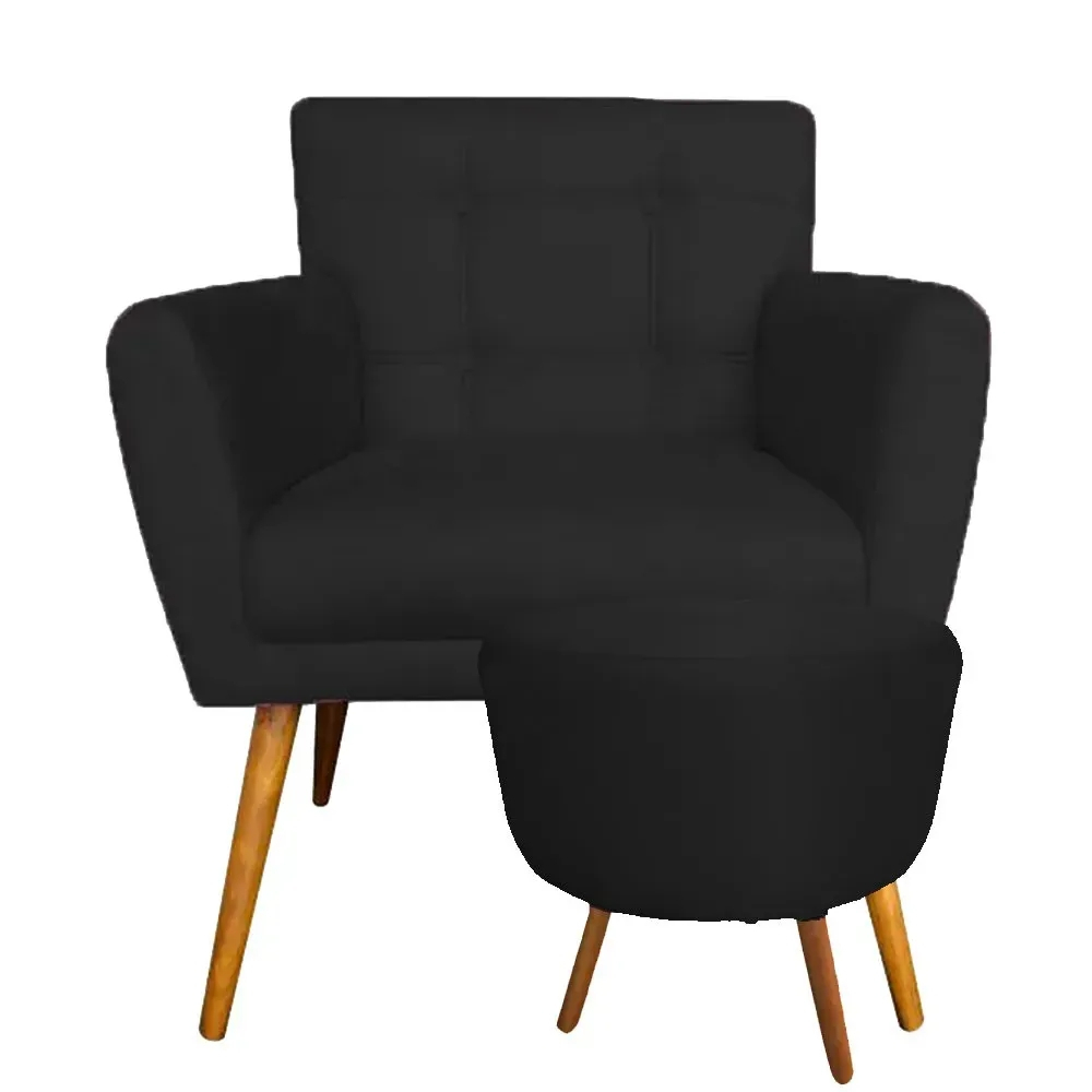 Combo Poltrona com Puff Onix D23 Suede Preto Confortável Pés Palito Sala Recepção