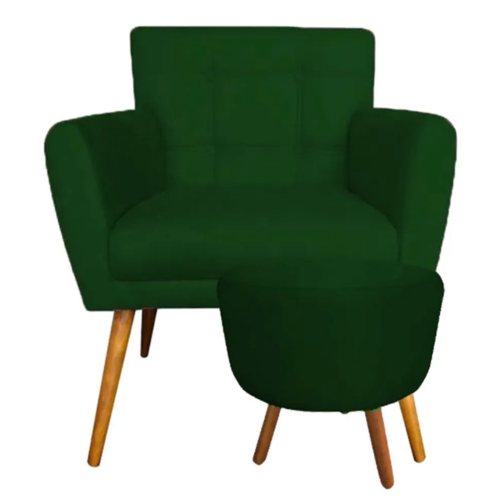 Combo Poltrona com Puff Onix D23 Suede Verde Confortável Pés Palito Sala Recepção