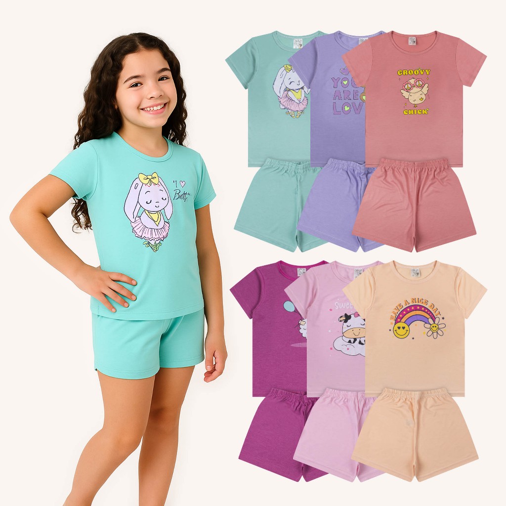 Kit 4 Peças Femininas (2 Conjuntos) 1 Blusa + 1 Short em Poliviscose – Infantil Sortido Tam. 2 ao 16