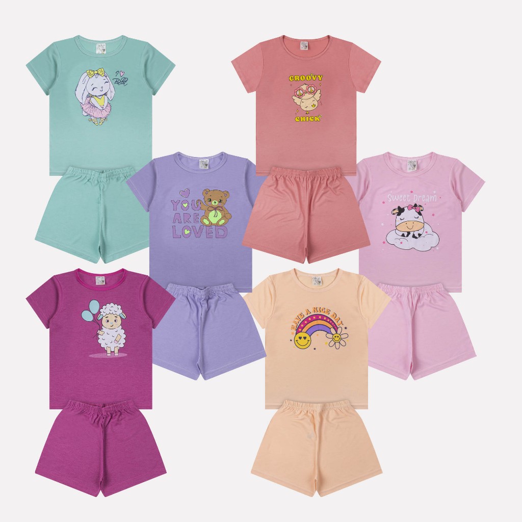 Conjunto Infantil Feminino Verão 2 Peças / 1 Blusa + 1 Short Sortido Poliviscose Tam. 2 ao 16