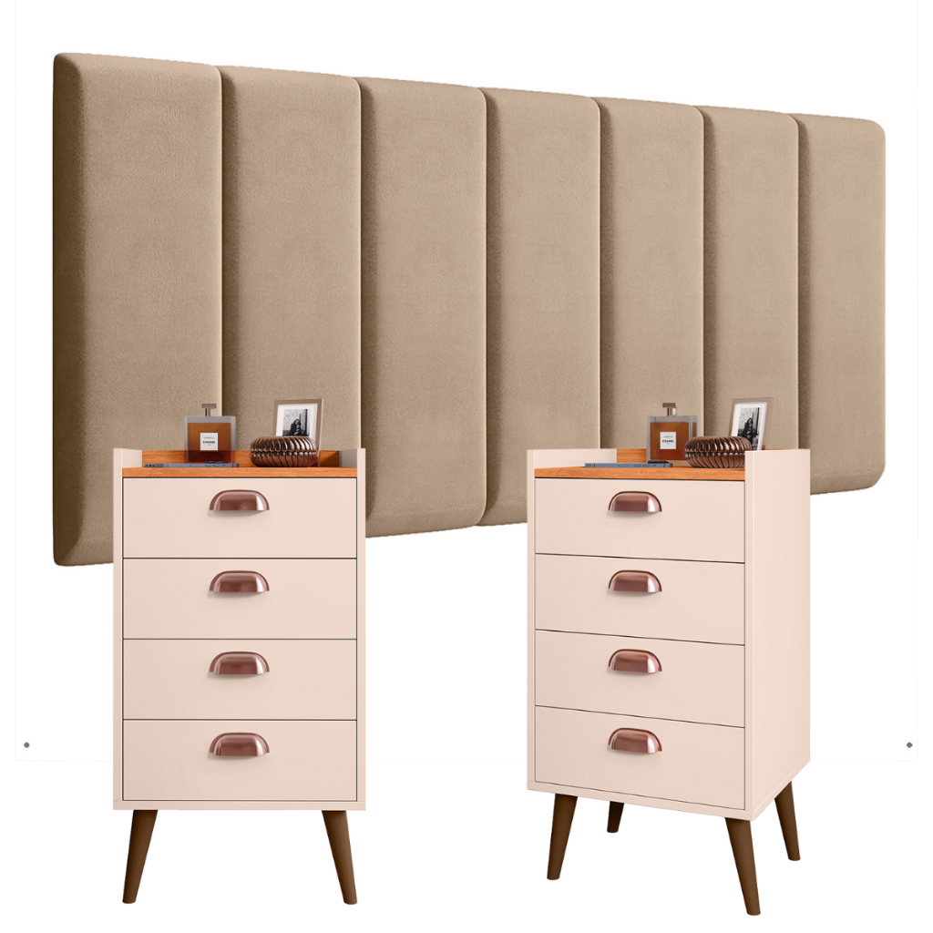 Conjunto Quarto com Cabeceira Placas Modulada Estofadas c/ Kit Mesa de Cabeceira com 4 Gavetas MONET
