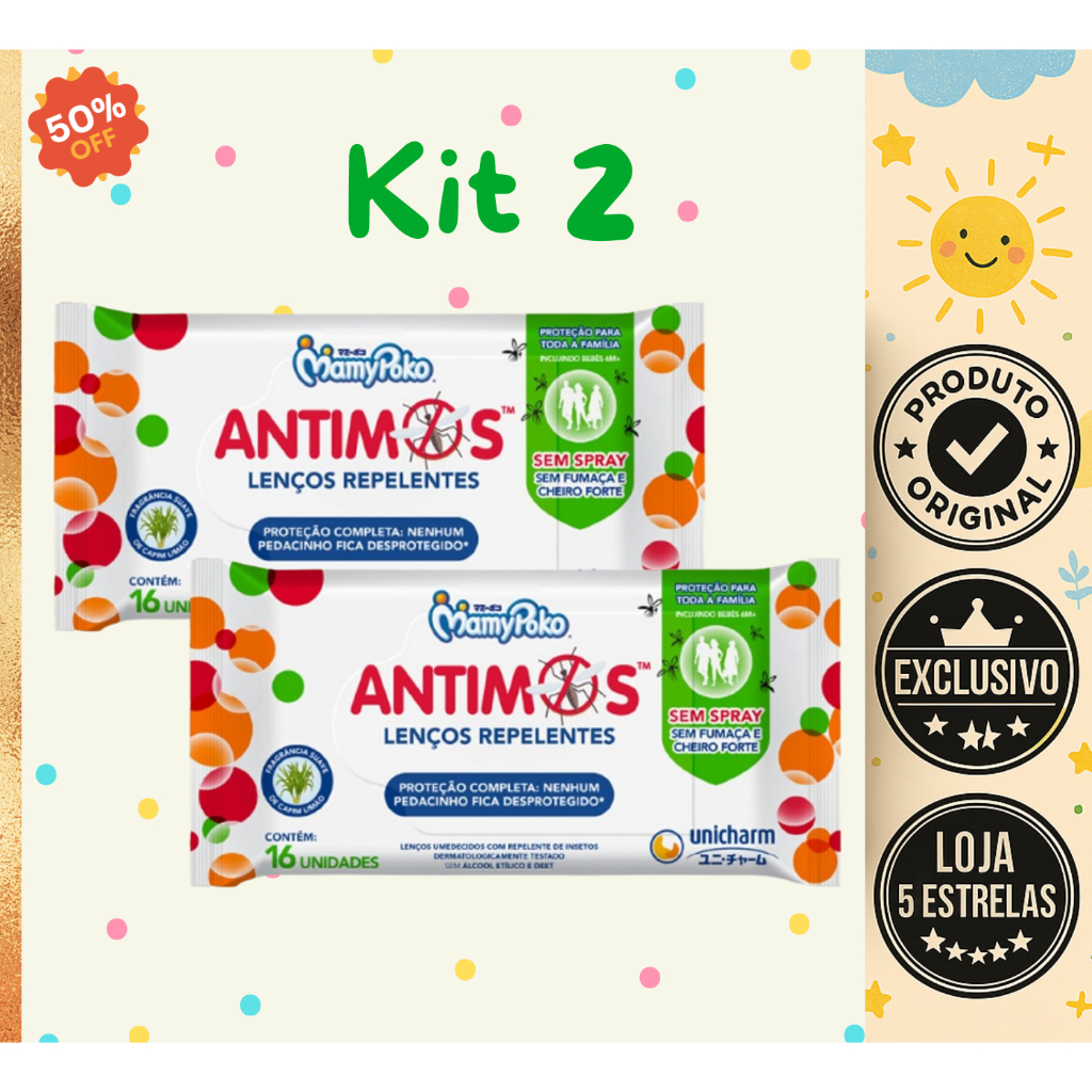 MamyPoko Lenços Umedecidos Repelentes Antimosquitos – Proteção Suave para a Pele do Bebê – 16 Unidades