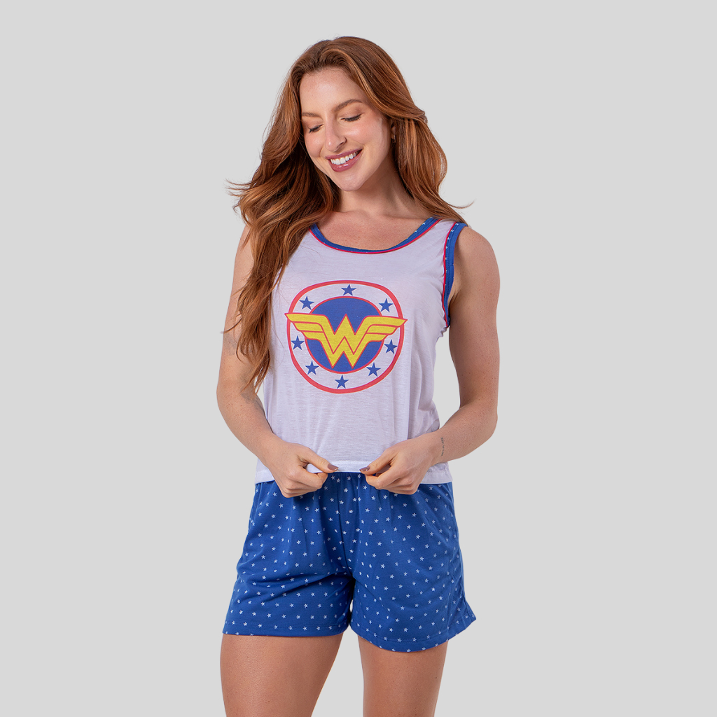 Short Doll Mulher Maravilha Estampado Verão Adulto Linha Noite