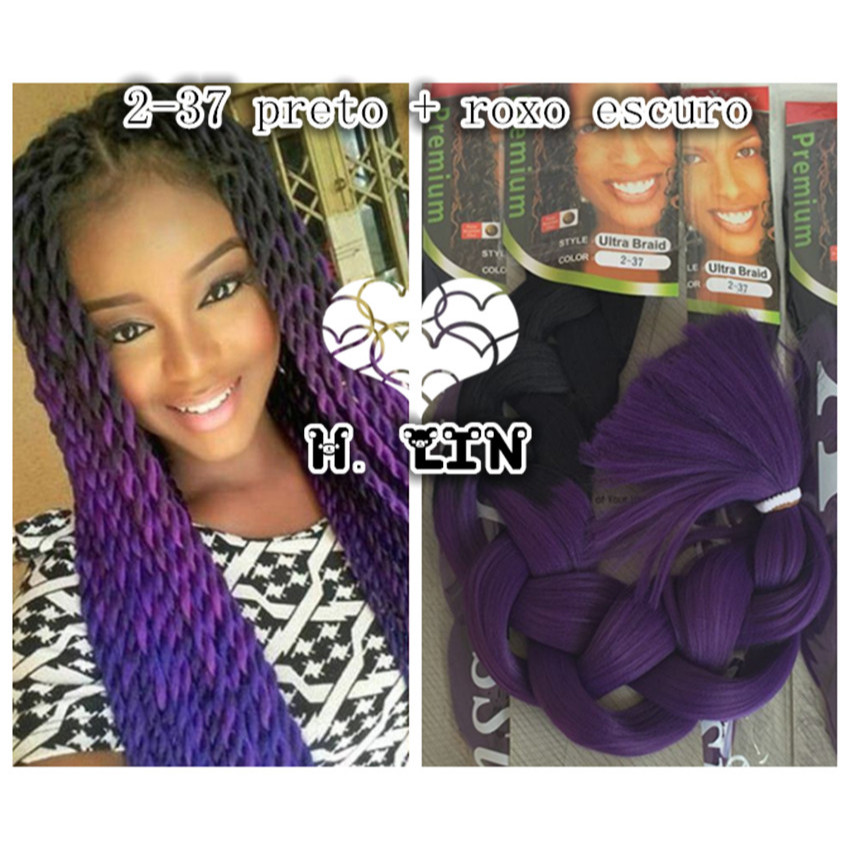 Kanekalon Jumbo H. Lin Tranças Box Braid Twist Cor 2-37 Preto com roxo 165gramas