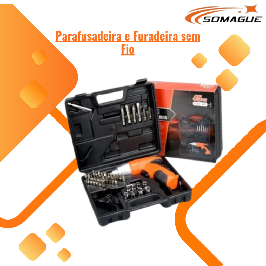 Parafusadeira Furadeira Sem Fio Recarregável Maleta 45 Peças — R$ 49,99 em Shopee, 44% OFF