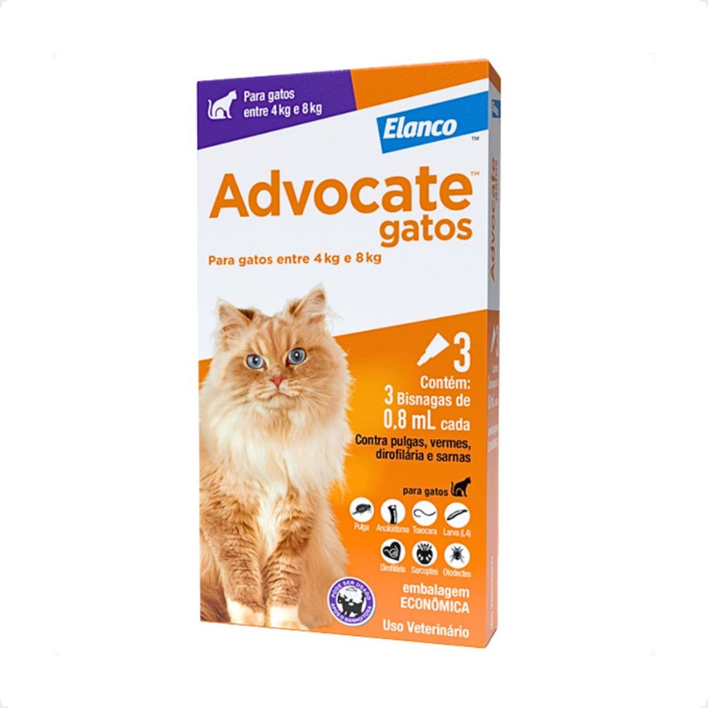 Advocate Elanco 0,8 mL para Gatos de 4 a 8 Kg - 3 Bisnagas - Pets