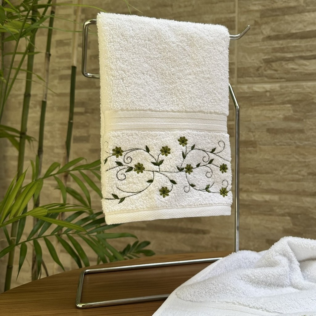 Toalha de Lavabo (30 x 50 cm) em Algodão Egípcio - Bordado Floral exclusivo