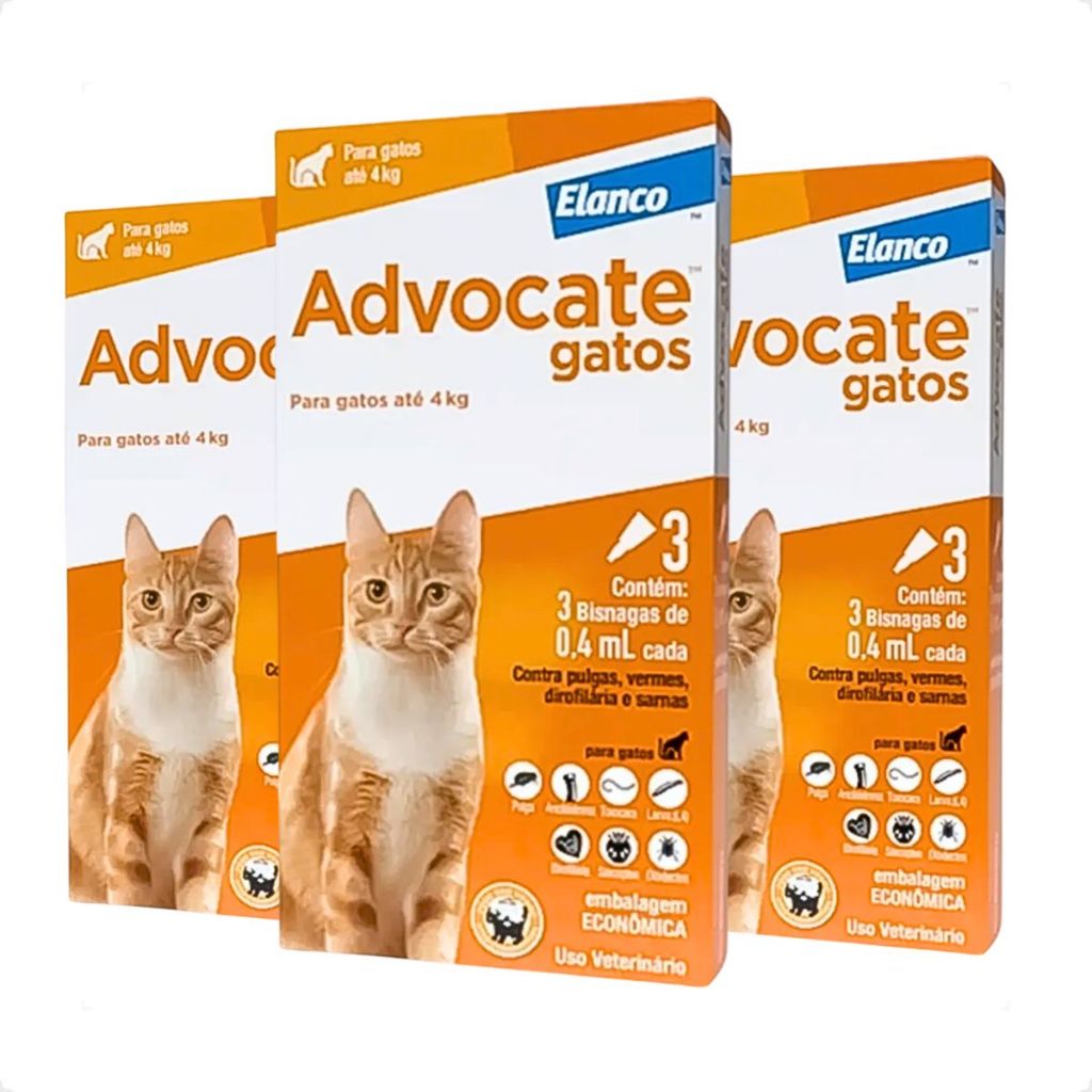 Kit 3 Advocate Elanco 0,4 mL para Gatos até 4 Kg - 3 Bisnagas - Pets