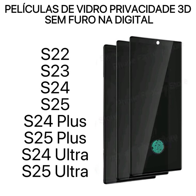 Película de Vidro  Privacidade Sem Furo na Digital Para Samsung Galaxy S26 S22 S