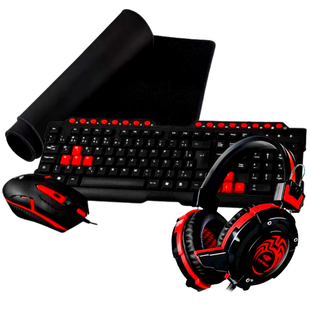 Kit Teclado e Mouse LED com fio USB + Fone Headset Gamer + Mousepad Grande Borda Costurada