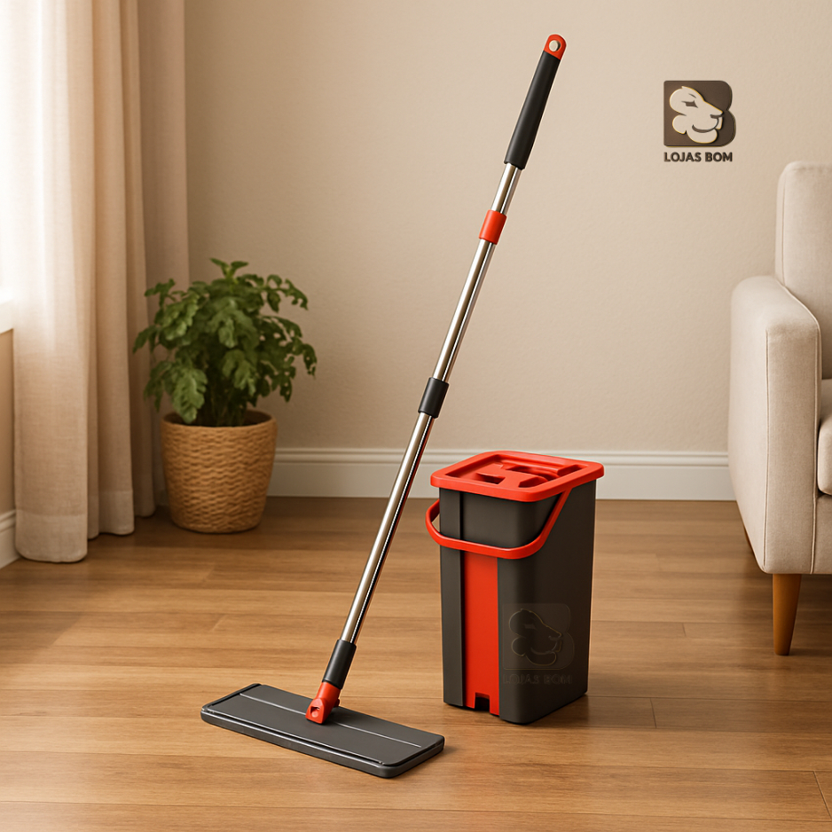 Rodo Limpa Facil Flat Mop Balde Lava e Seca Profissional Cabo Extensivo Com 1 Refil Pano Microfibra