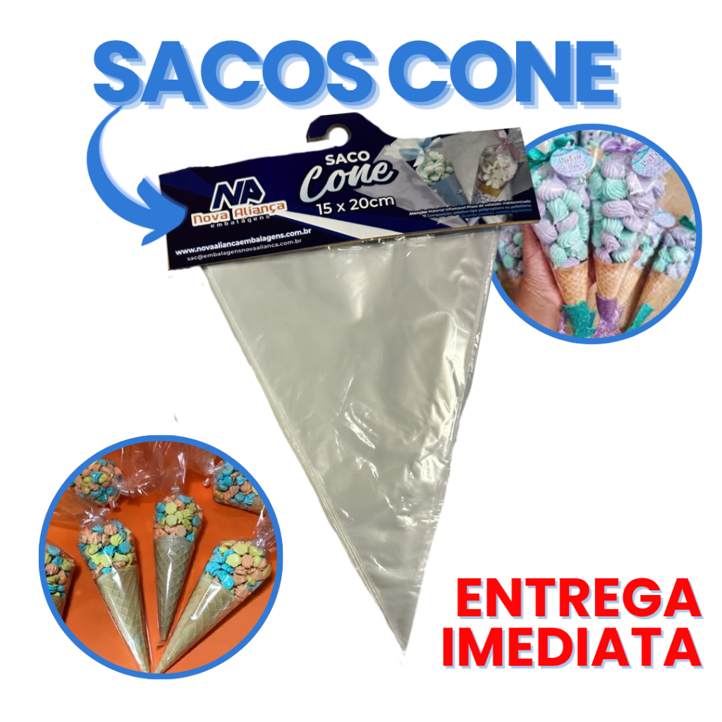 Sacos Cone Trufado 15x20 Plástico BOPP Transparente Doces Saquinho 50 e 100 Unidades