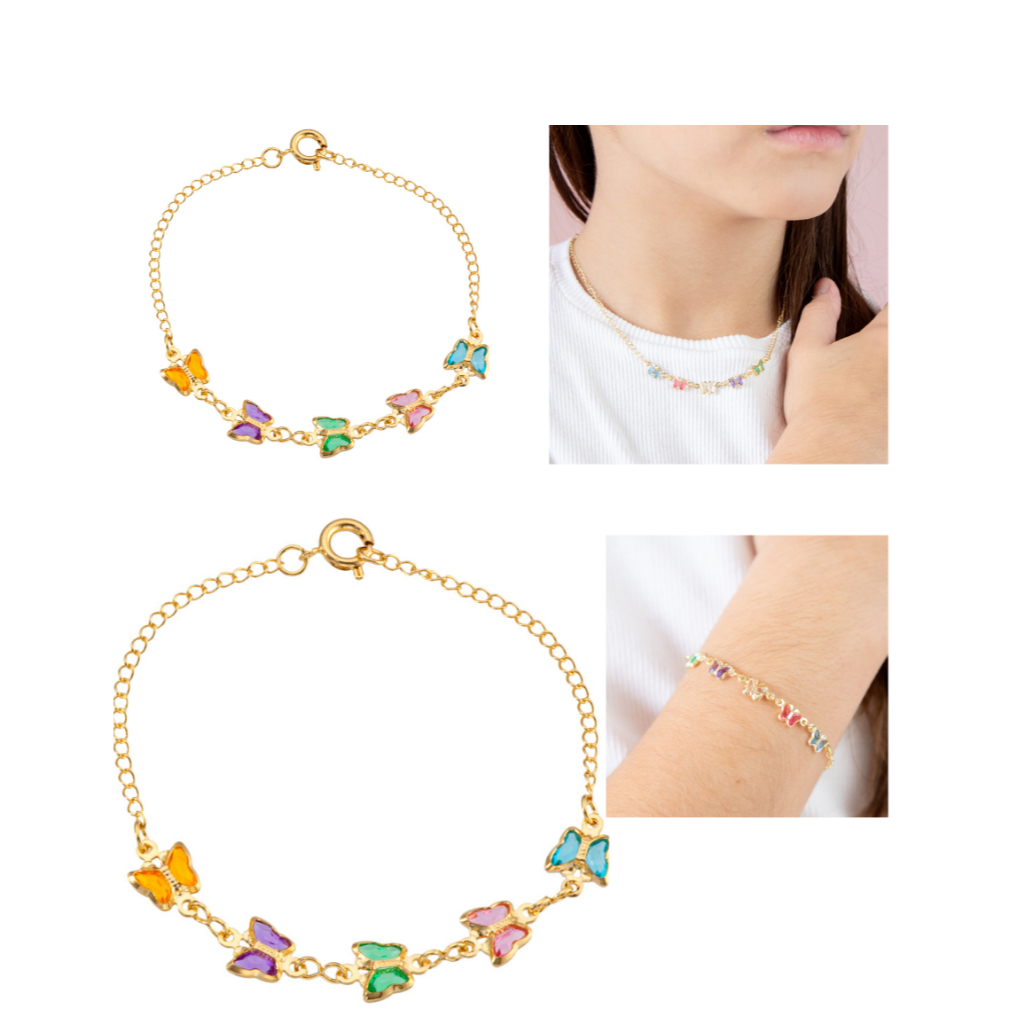 Conjunto infantil kit com colar e pulseira para criança com pedras coloridas em forma de borboleta banhado a ouro 18k