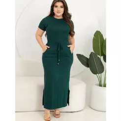 Vestido Longo Feminino Plus Size Manga Curta com Bolsos e Cintura Ajustável – Elegante e Confortável Moda evangélica
