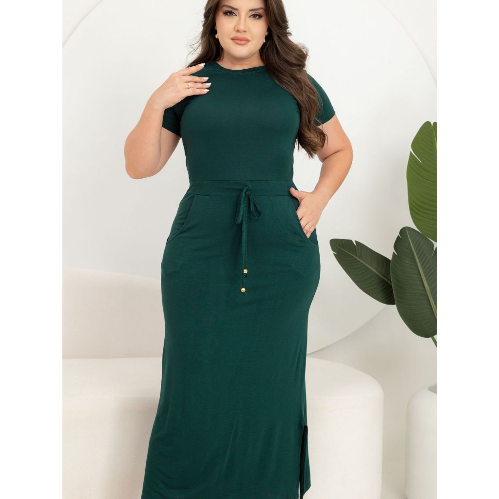 Vestido Longo Feminino Plus Size Manga Curta com Bolsos e Cintura Ajustável – Elegante e Confortável Moda evangélica — imagem 2 de 2