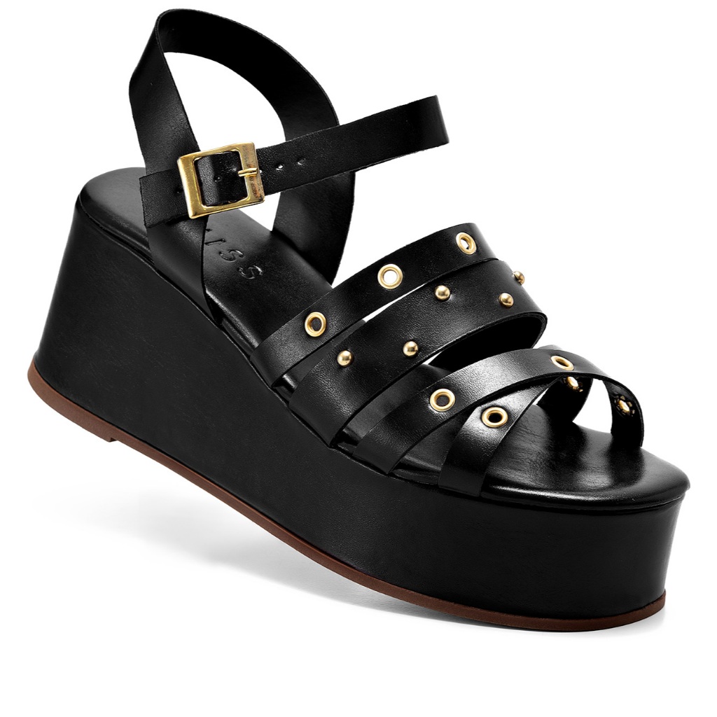 Sandália Feminina Lumiss Anabela Fivela Ilhós Plataforma Confortável Preto
