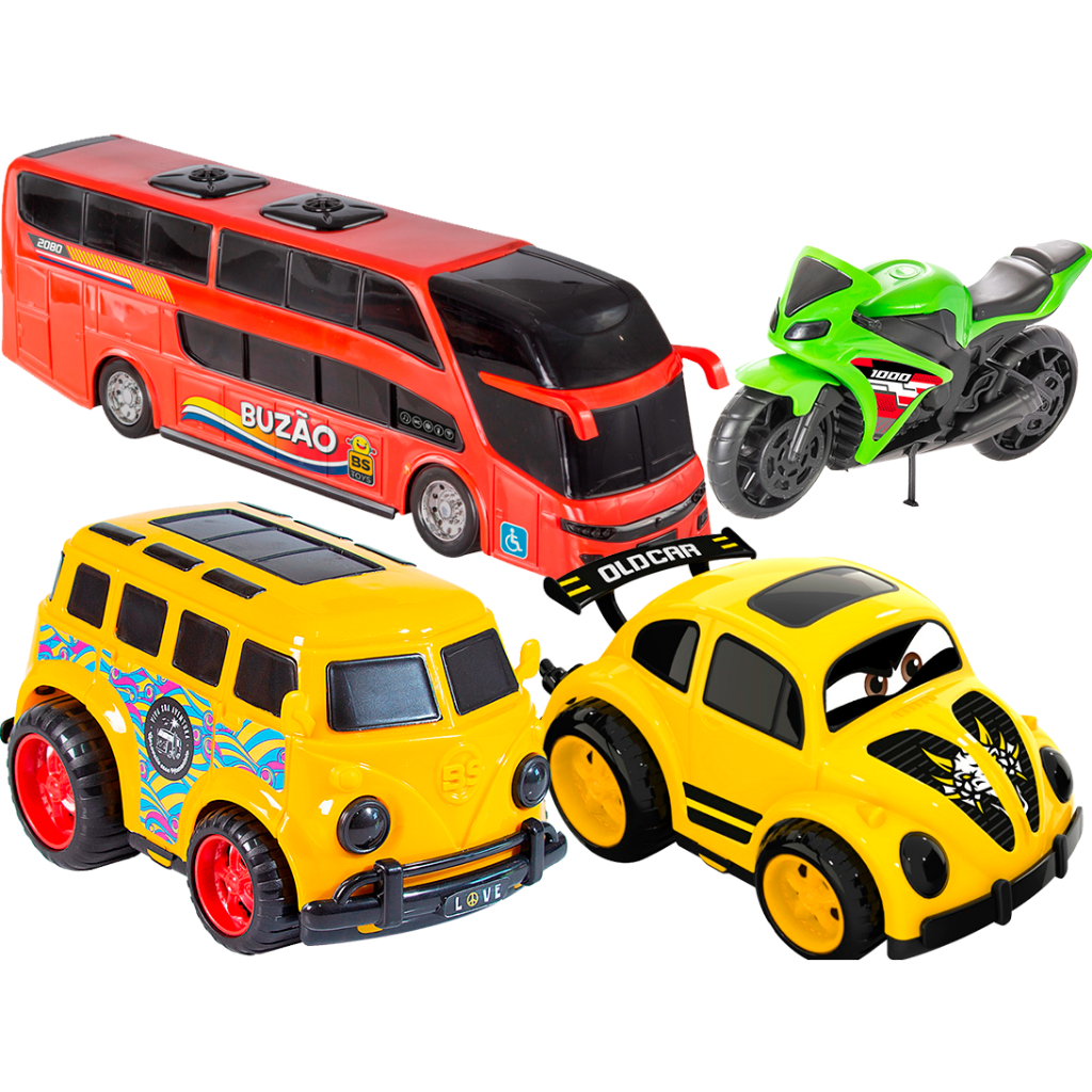 Kit brinquedo Carro Fuscar buzão kombi moto 1000 old car cores brinquedo carrinho menino carros