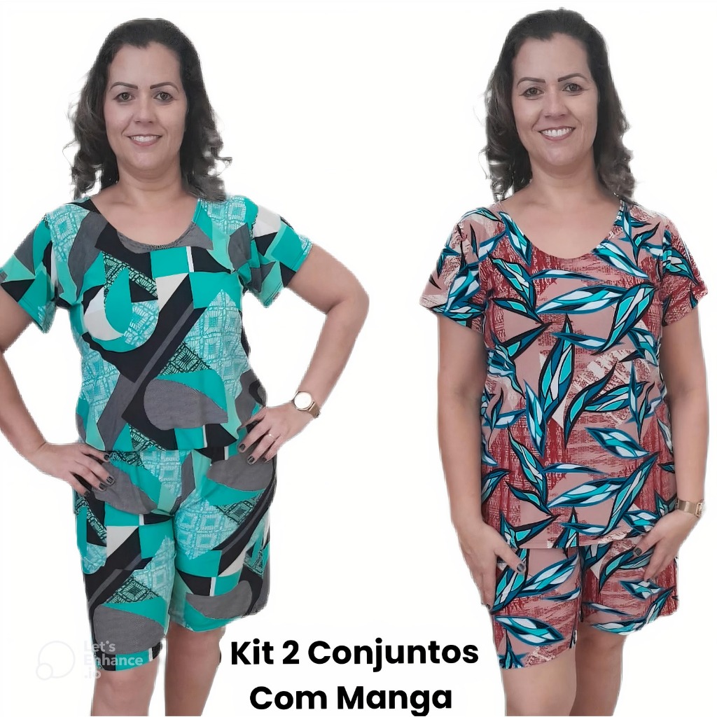 Kit 2 conjuntos com manga estampado de liganete malha fria confortável