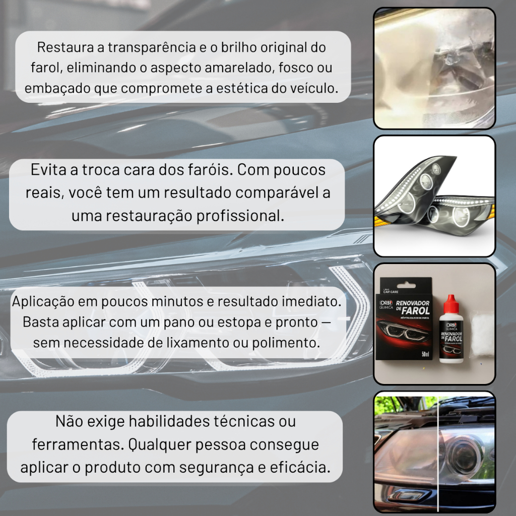 Limpador de farol amarelado Renovador de Farol Tira Amarelado Aspecto Fosco e Riscos Orbi Revitalizador + Estopa