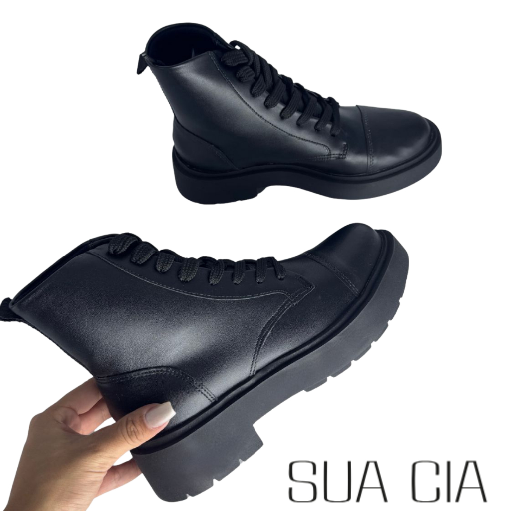 Bota Feminina Sua Cia Preto Cano Médio Tratorada Coturno com Cadarço