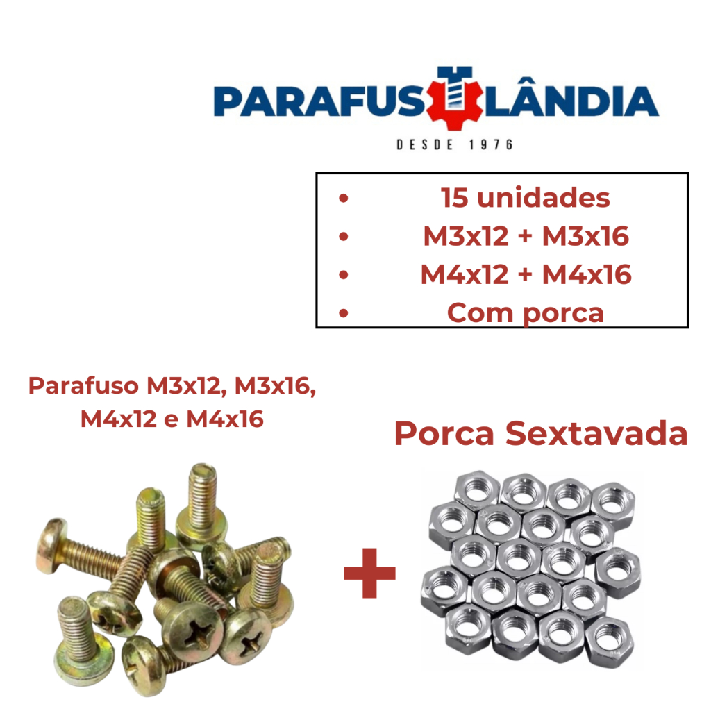 Kit 15 Parafuso Philips Panela com Porca M3x12mm M3x16mm M4x12mm e M4x16mm