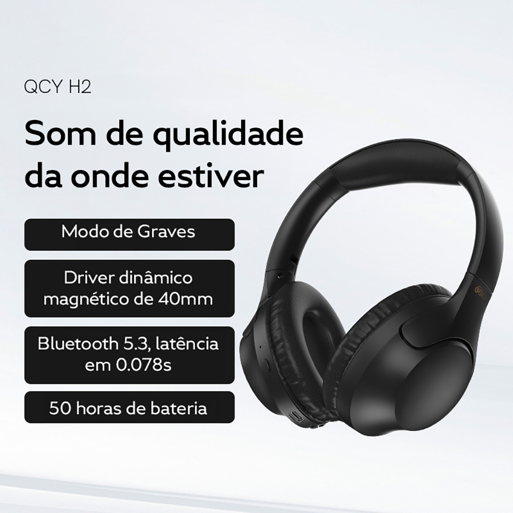 Headphone QCY H2 Fone Sem Fio Bluetooth TWS 5.3 Multiponto On-ear 3d 60h De Reprodução - detalhe