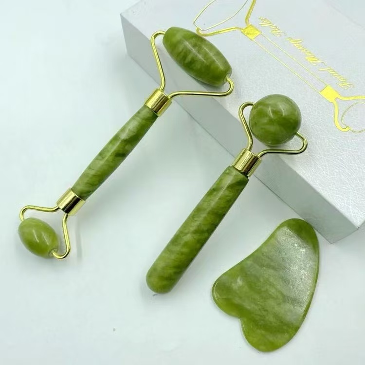 Rolo Pedra de Jade + Placa Gua Sha Massagem Facial Anti Ruga Rolinho Jade Lançamento em Oferta na Shopee