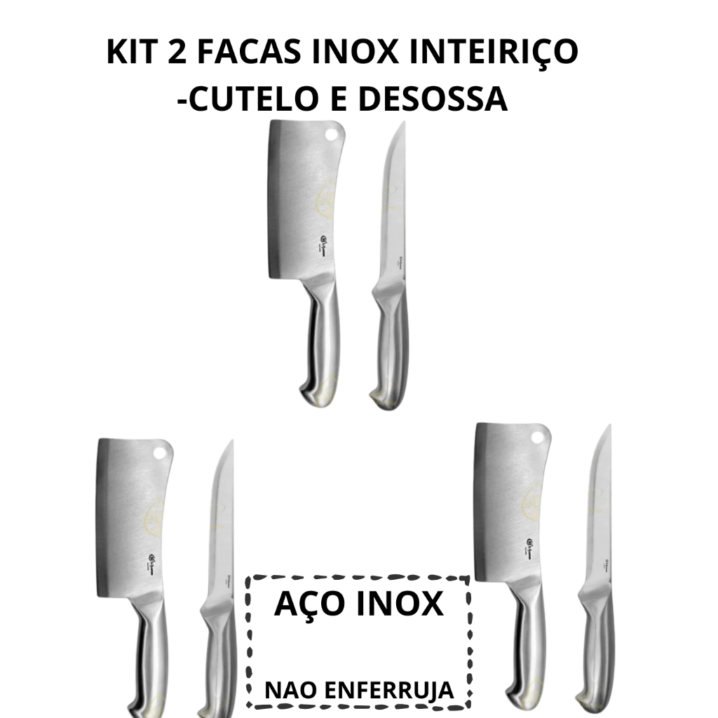 Kit 2 Facas Profissionais Aço Inox Inteiriço – Cutelo 6” (27 cm) + Desossar 6” (26,5 cm)