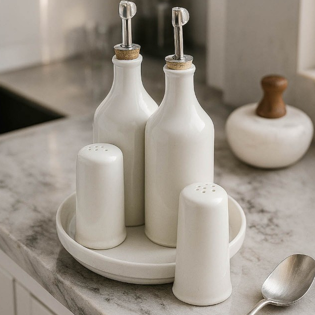Conjunto Galeteiro 5 Peças Porcelana com Bandeja Porta Azeite Vinagre Saleiro e Paliteiro