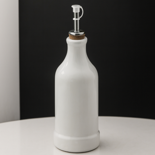 Garrafa Galheteiro Porta Óleo Azeite Vinagre Temperos Cozinha Porcelana Branca Rolha Bico Inox 270ml
