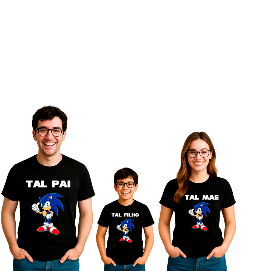 Kit Familia Camisetas E Babylook 3 Peças  Pai Mãe E Filho Tal Pai Tal Mãe Tal Filho Sonic Game