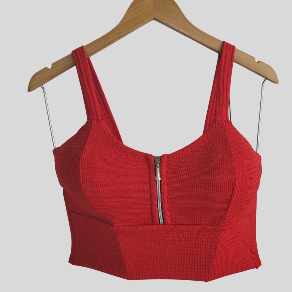 Top Cropped Feminino Estilo Corselet Com Zíper Canelado Com Bojo Elegante