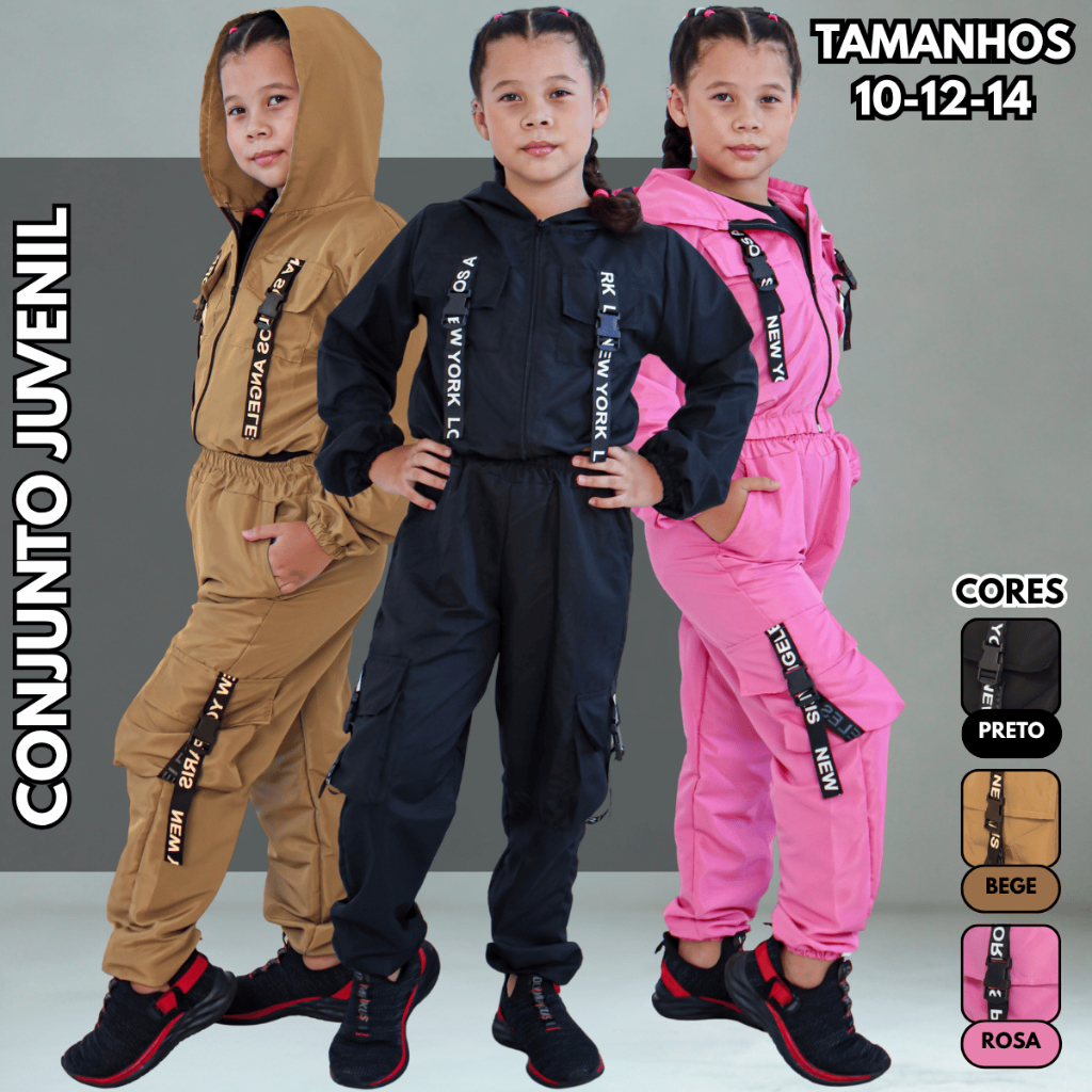 Conjunto Infantil Juvenil Menina Calça Jaqueta Blusa Agasalho Escola Blogueirinha Jogger Cargo Linda
