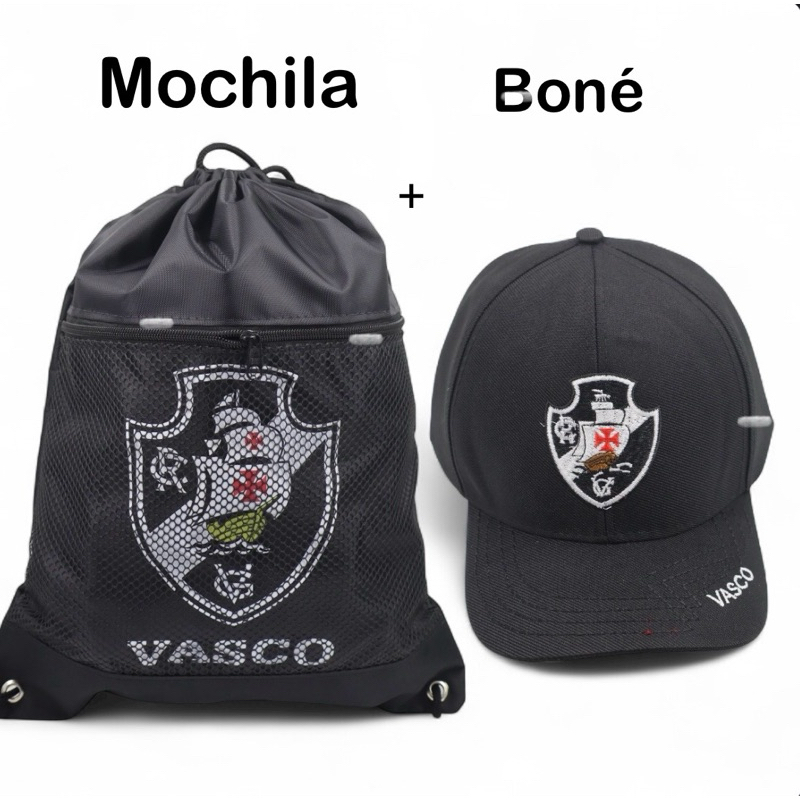 Mochila Saco + Boné Time de Futebol Personalizado Vasco Preto