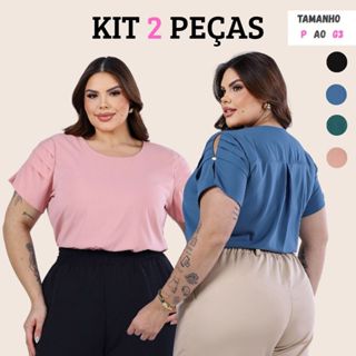 Kit 2 Blusas Femininas Manga Curta Detalhe Ombro Tecido Leve Confortável em Oferta na Shopee