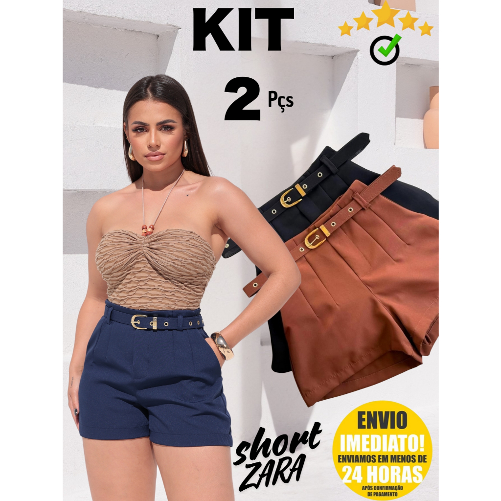 Kit 2 Short Alfaiataria Feminino Com Bolso Com Cinto Forrado Cintura Alta PROMOÇÃO P ao  GG em Oferta na Shopee