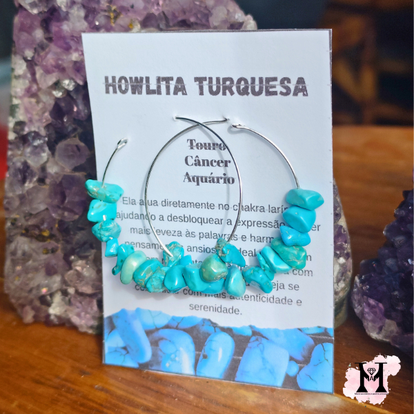 Brinco Howlita Turquesa Pedra Natural Tranquilidade Argola