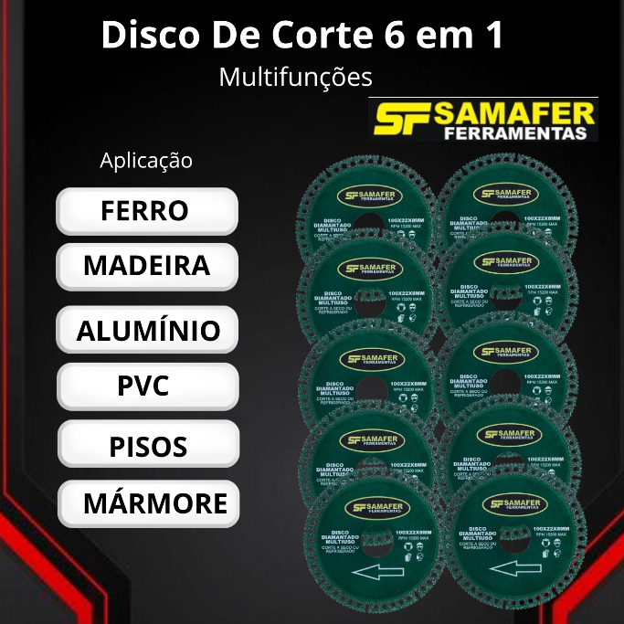 6 em1 Kit 10 Discos De Corte Diamantado Multifunções Para Madeira/Alumínio/Pvc/Pisos e Azulejos/Mármores e Granito/Ferro
