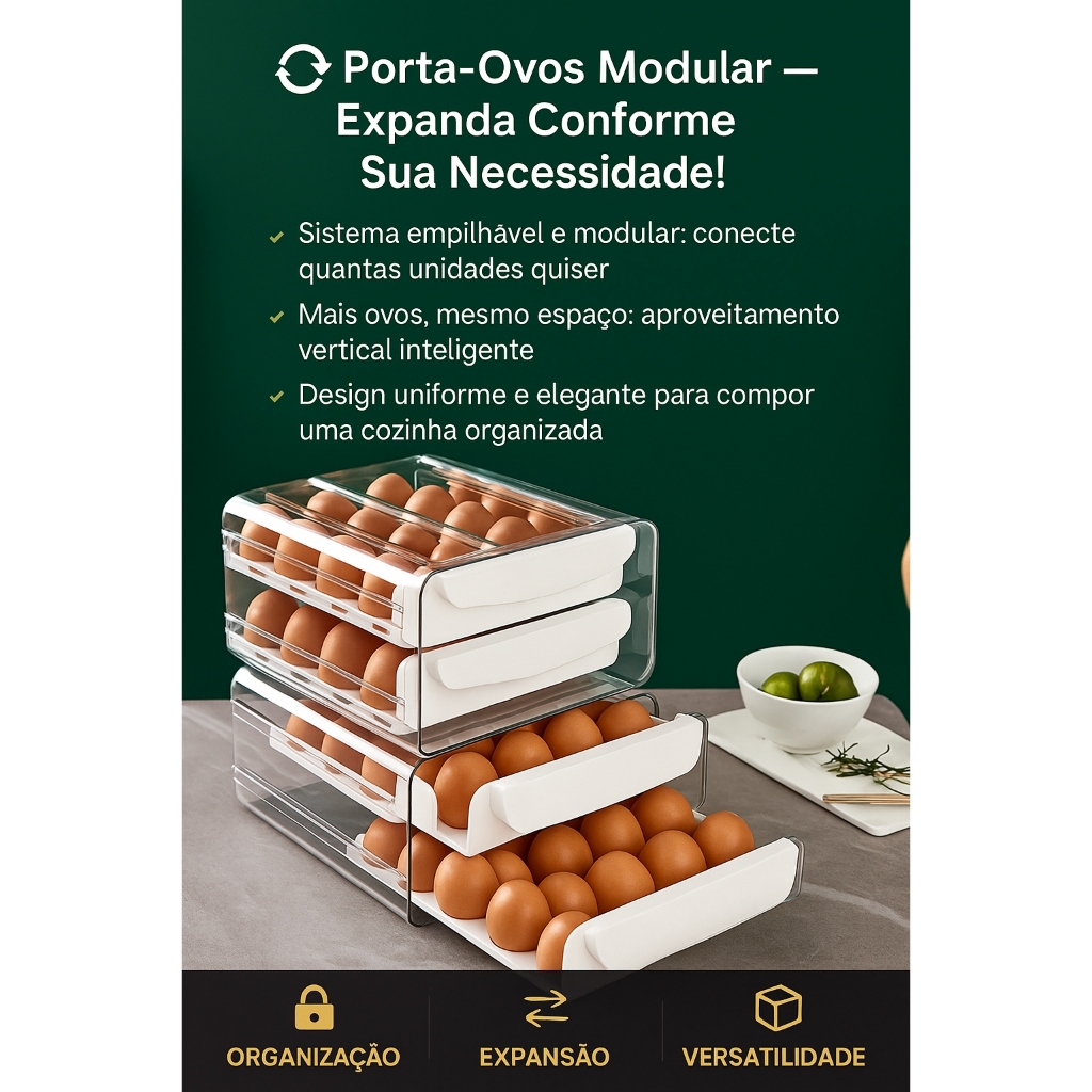 Gaveteiro Porta‑Ovos 2 Andares 🥚 Organizador Empilhável Geladeira 32 Ovos